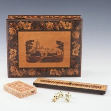 A Tunbridge Ware Games Box with Inlaid Marquetry Image of Eridge Castle c1870
