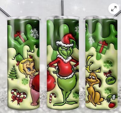 CHRISTMAS THE GRINCH CINDY LOU 3D EFFECT 20oz Skinny Insulated Tumbler Lid Straw