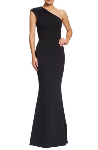 DRESS the POPULATION Black EVA One Shoulder Pleated Ponte Knit Bodycon Gown S