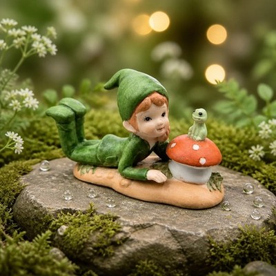 Lefton Pixie/Elf Japan Christmas Green Friendly Frog on Mushroom 2.75''L Vtg MCM