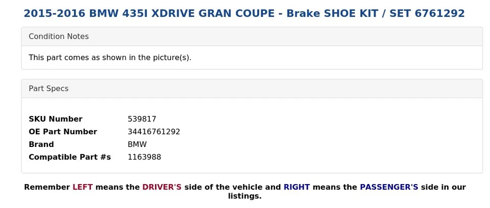 2015-2016 BMW 435I XDRIVE GRAN COUPE - Brake SHOE KIT / SET 6761292 - Image 3 of 3