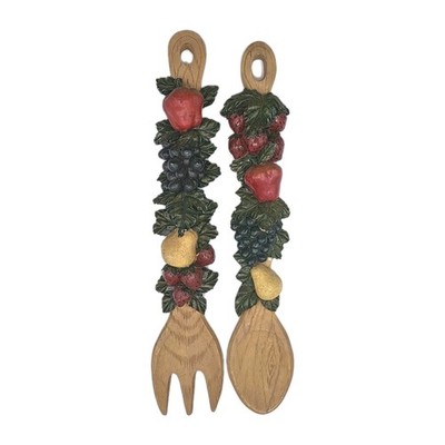 Vintage 70s Fruit Spoon Fork Plaster Wall Hanging Decor Set Of 2 Apple Grapes