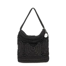 The Sak Ava Mini Hobo Bag in Crochet, Double Handles, Black Patch