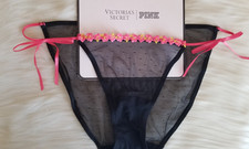 VICTORIA'S SECRET PINK WINK STRING BIKINI PANTY HIBISCUS EMBROIDERY BLACK MEDIUM