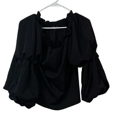 Boohoo Women’s Balloon Puff Sleeve Off Shoulder Peasant Crop Blouse Size M Black