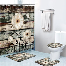 Bathroom Sets with Shower Curtain and Rugs, Set of 4, White Daisy