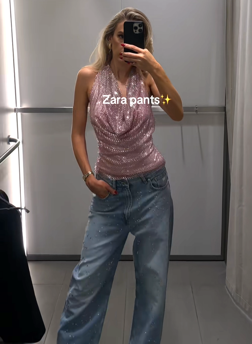 Zara TRF Straight Leg Rhinestone Jeans Blue Size UK6 UK8 UK10 UK12