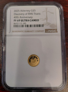 Alderney 2025 G£5 RMS Titanic 40 aniversario prueba de oro NGC PF69 ultra camafeo 0 5 gramos