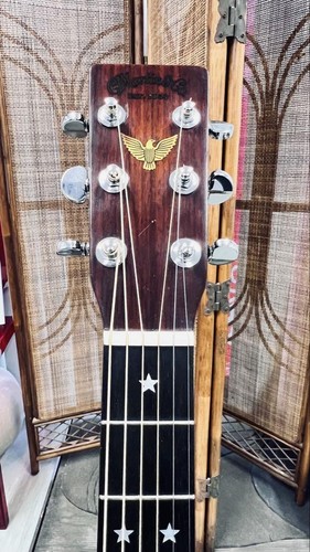 Brown Martin D-76 limited edition guitar with gold eagle head, silver hardware, and six white star and dot markings on fretboard.