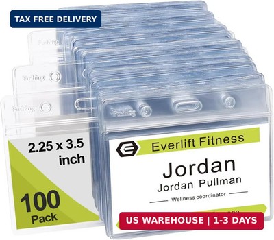 Fushing 100 Pcs Clear Plastic Horizontal Name Tag Badge ID Card Holders