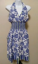 Kay Dee Fiitted  Smocked BodiceFlared Skirt Pocket Blue White Floral Apron OS