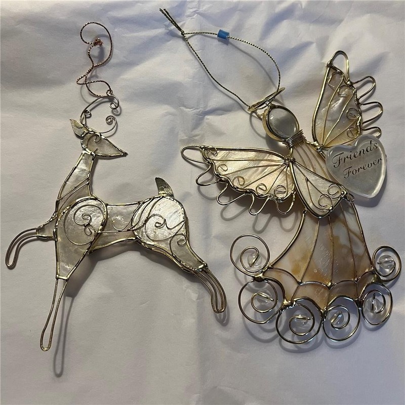 Vtg CAPIZ Shell Xmas Ornament Lot 2 Large ANGEL Deer REINDEER