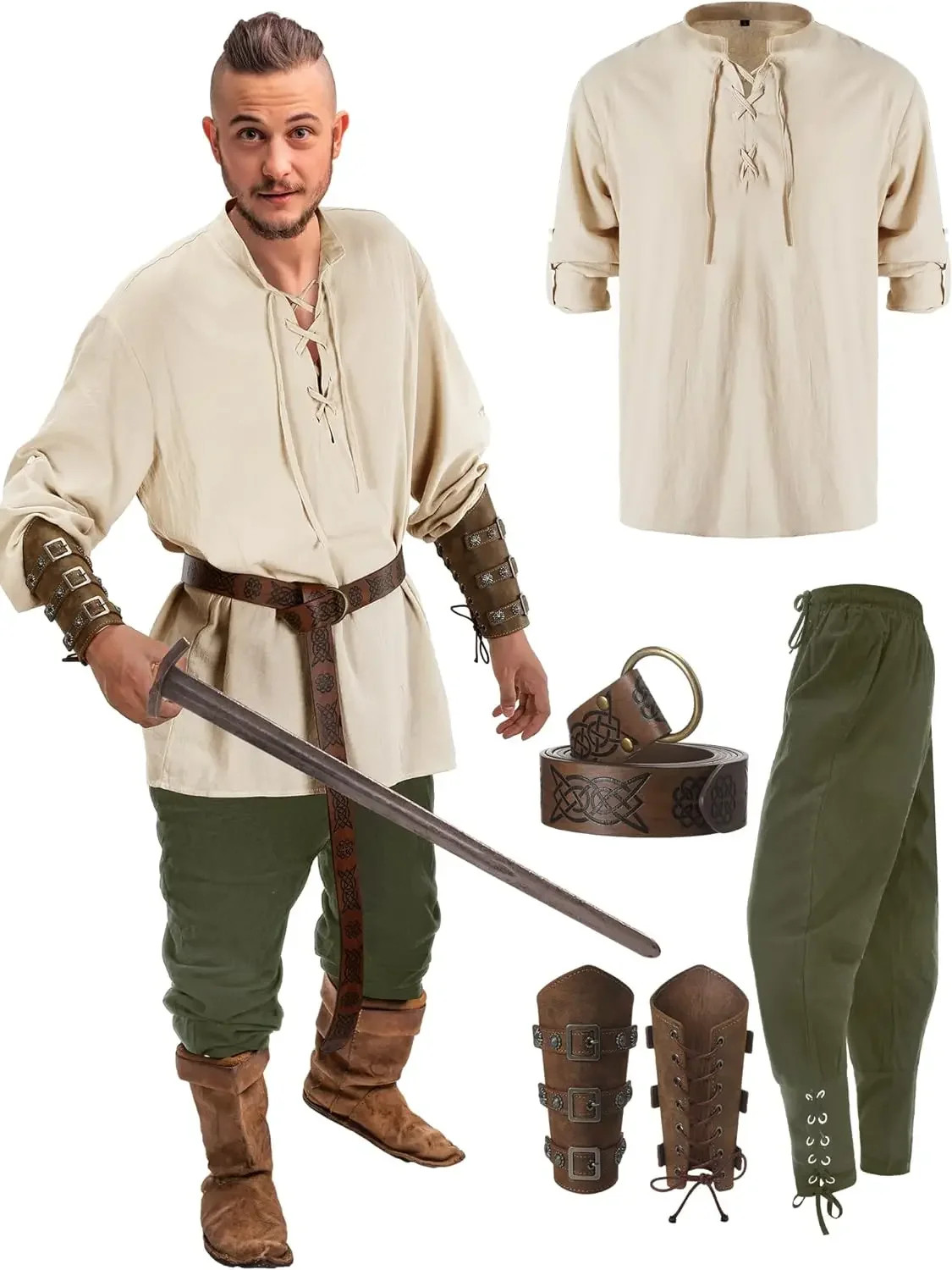 Conjunto de 4 piezas de disfraces renacentistas de Halloween para hombre camisa pirata medieval con bandas al tobillo