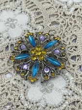 Premier Designs Silvertoned Ornate Flower Shaped 2" Brooch with Colorful Stones