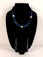 BLUE CRYSTAL NECKLACE  EARRINGS SET Faceted Glass Rhinestone Beads 18.5  