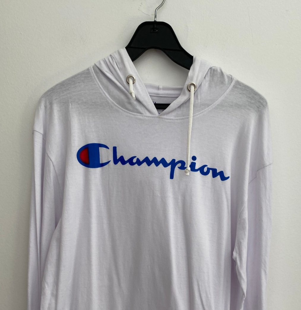 Mens Champion White Hooded Long Sleeve Graphic Shirt sz Large New