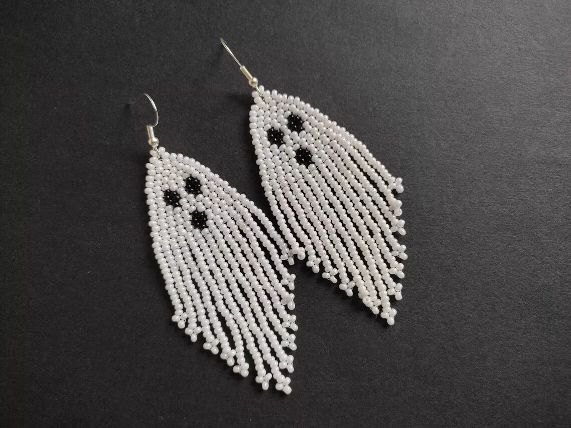 Halloween long seed bead ghost earrings white ghost woman boho earrings gift