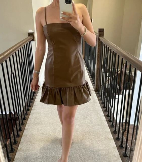 green emerald velvet dress Zara Brown Faux Leather Midi Secretary Dress Large Sheath Dress – Cougar  Vintage Shop main image 1