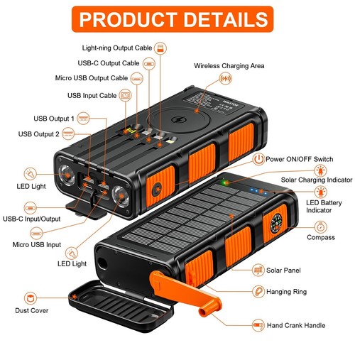 Wireless Solar Powerbank 38800mAh mit Handkurbel USB-C PD 3A Externer Akku - Zdjęcie 8 z 8