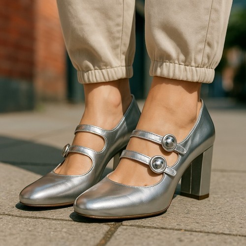 J.crew Heels 9 Womens Silver Maisie Mary Jane Synthetic Pump Block Round Toe - Picture 2 of 12