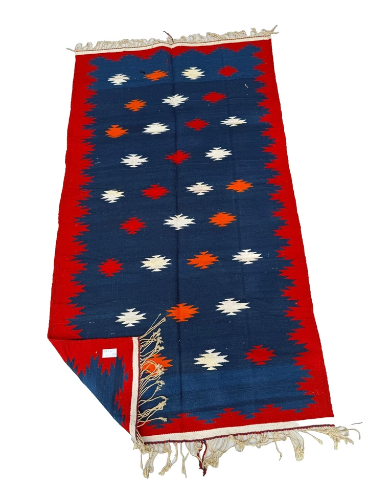 Хлопковый ковер ручной работы | винтажный | 100% хлопок | 3x6 футов | синий и красный - Изображение 2 из 4