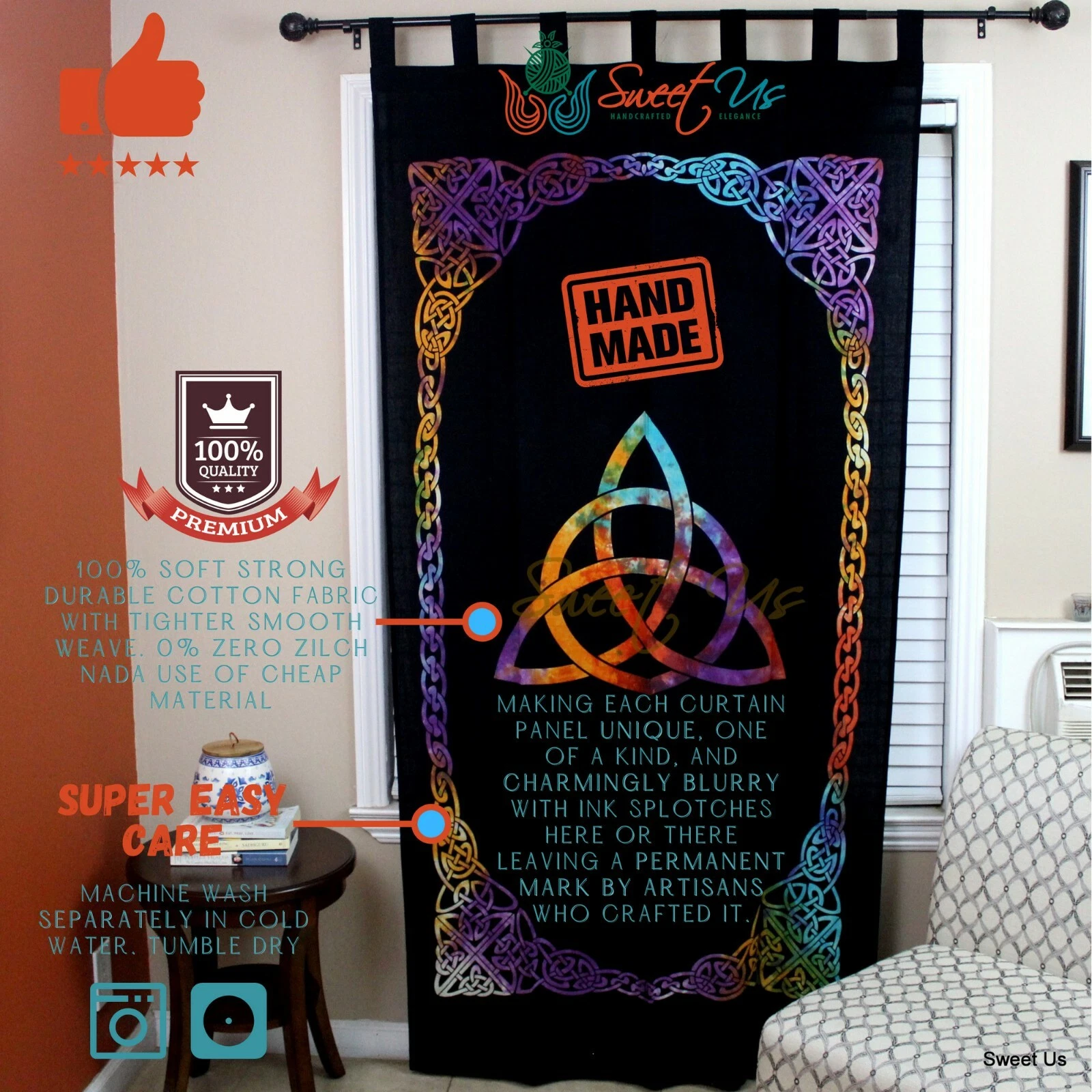 Living Room Curtain Black Triquetra Tie Dye Cotton Linen Panel Celtic Curtain