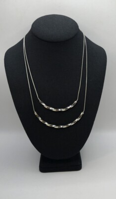 Two Layer Twisted Silvertone Curved Bar Necklace Retro Look Snake Chain 16-18 