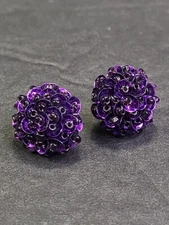 Deep Purple Sequins & Beaded Cluster Domed Earrings Studs With Silver Tone Back