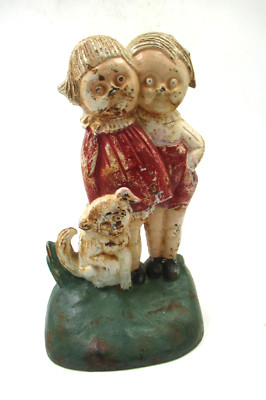 Antique Cast Iron Door Stop Campbell's Soup Kids Girls with Dog Hubley