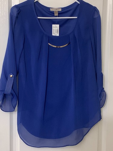 Roz & Ali Blue Semi Sheer 3/4 Sleeve Blouse Top Silver Piece Size Small NWT