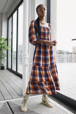 Urban Outfitters UO Lottie Strappy Check Print Midi Dress Smocked M New 252119