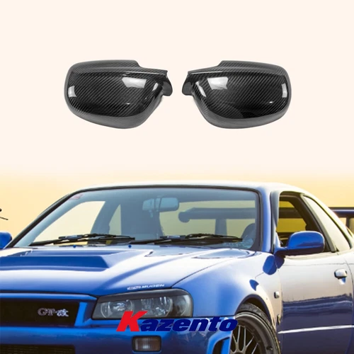 Side Mirror Cover Pair For Nissan Skyline R34 GTR GTT KZ Style Carbon Fiber