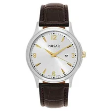 Pulsar Men's PH9073 Traditional Silver Dial Brown Leather Strap Date Watch