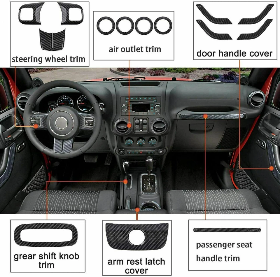 18x Full Set Interior Decor Trim Kit Carbon Fiber for Jeep Wrangler JK 11-17 Foto 3 de 4