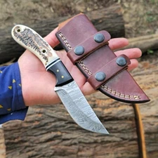 Handmade Stag Handle Damascus Steel Horizontal Carry Hunting Knife Fixed Blade