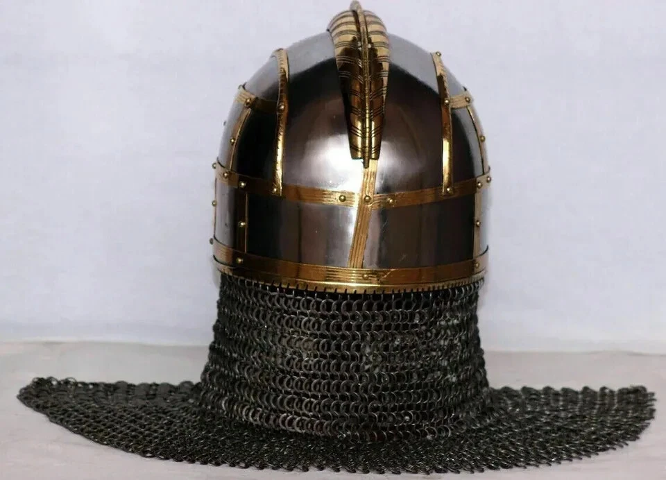 Casco de acero vikingo armadura casco medieval con cota de cadena forjado a mano calibre 20 Foto 2 de 4