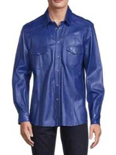 Soft Party Wear Casual Fit Men Shirt Blue Handmade Lambskin Leather Stylish Real