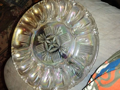 Vintage Federal Glass Georgetown DEVILED EGG Platter 10.75” Iridescent/Carnival
