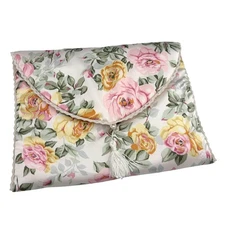 Vintage Style Natori Pink & Yellow Rose Floral Lingerie Bag Tassel 13.5" x 10"