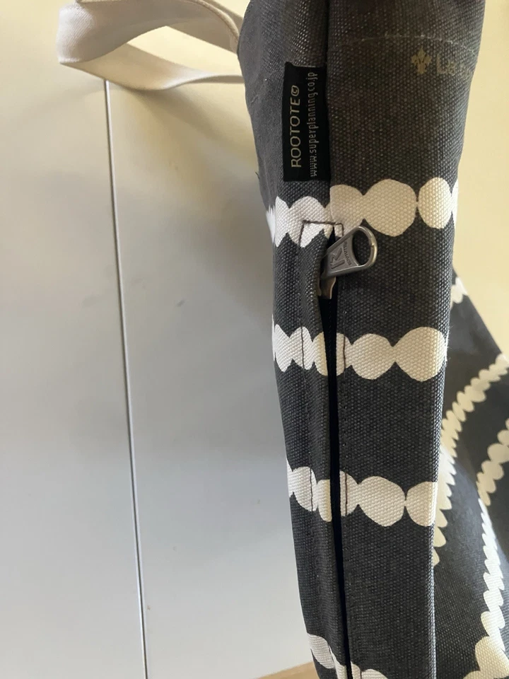 Rootote Tote Bag Avion de Papier Gray Canvas String of Pearls Side Zipper 15x13 - Image 4 of 4