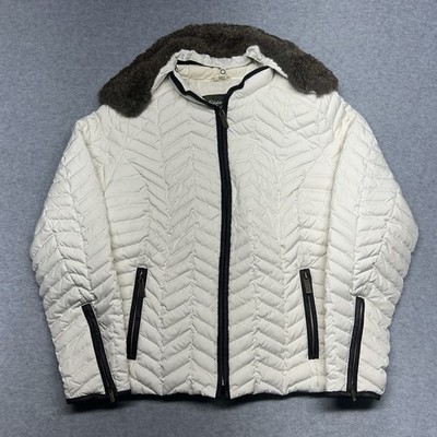 Eddie Bauer Down Vest Womens Sz M White Quilted Removable Faux Fur Collar Goose