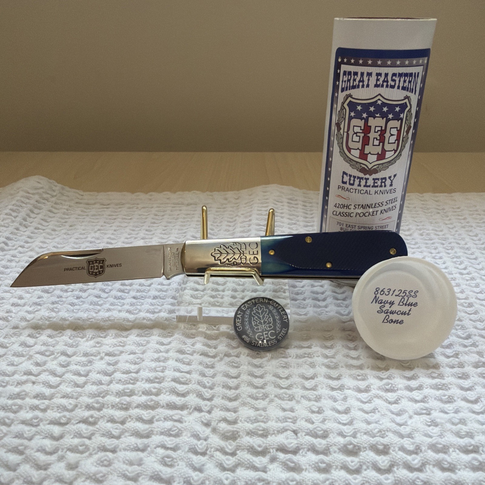 NEW GEC Great Eastern Cutlery #86 Boomtown Barlow 863125SS Navy Blue Sawcut Bone