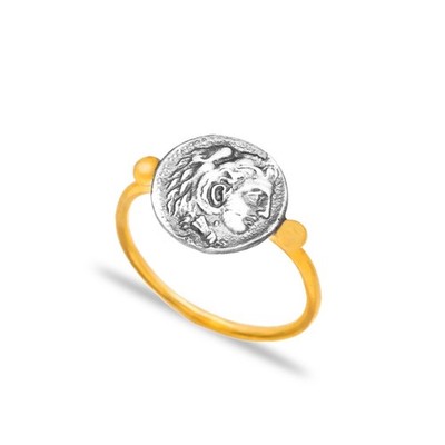 925 Sterling Silver Alexander the Great Coin Ring Gold Plated Band Size 8