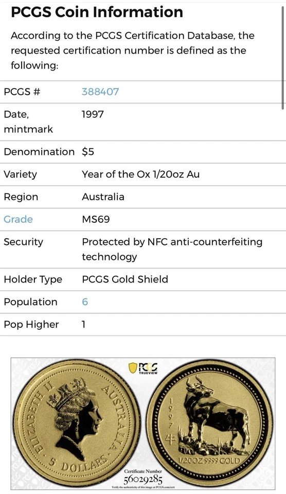 1997 $5 Australia 1/20 Oz Gold Lunar Coin • MS69 POP 6 • Year of the Ox (牛) - Image 2 of 3