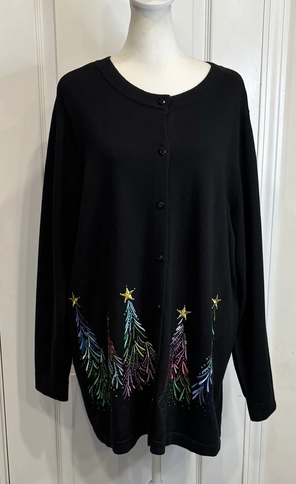 Quacker Factory Christmas Tree Cardigan L Black Sequin Embellished Holiday Cozy - Image 2 of 4