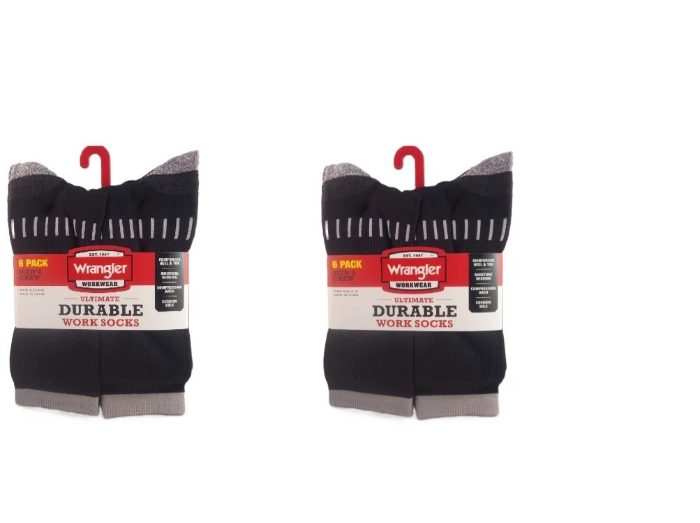 2 NEW 6 PACKS OF WRANGLER ULTIMATE DURABLE WORK CREW SOCKS BLACK SHOE SIZE 6-12
