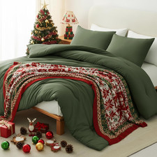 Dark Olive Green Queen Comforter Set, 3 Pieces Solid Breathable Quilted Style Be