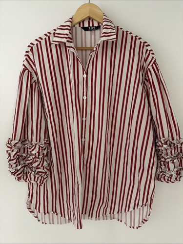 TOV Los Angeles Red White Stripe Button Up 42 Puff Ruffle Sleeves Designer LA