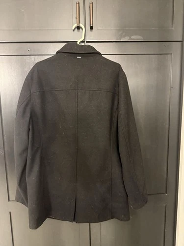 FIVE FOUR Men's Black blend Wool Lined Button-Front Overcoat Mid-Length Size L image 2