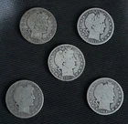 [Lot of 5] BARBER HALF DOLLARS .50  90% Silver $2.50 Face Value